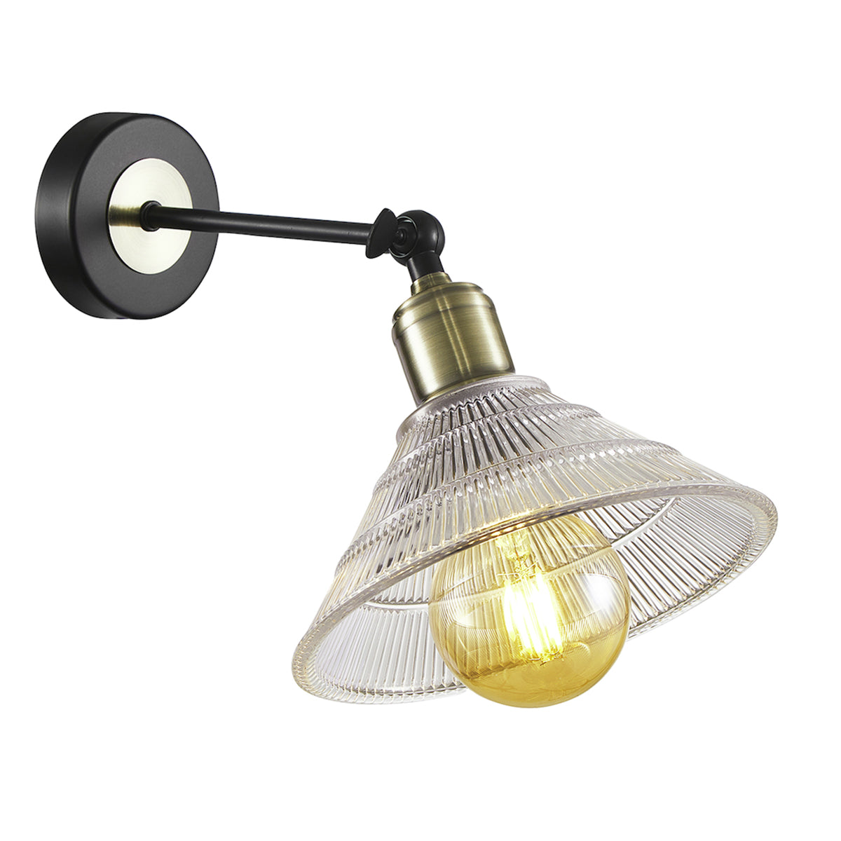 Modern Industrial Switched Wall Light Fitting in Matte Black and Clear Glass Image 1