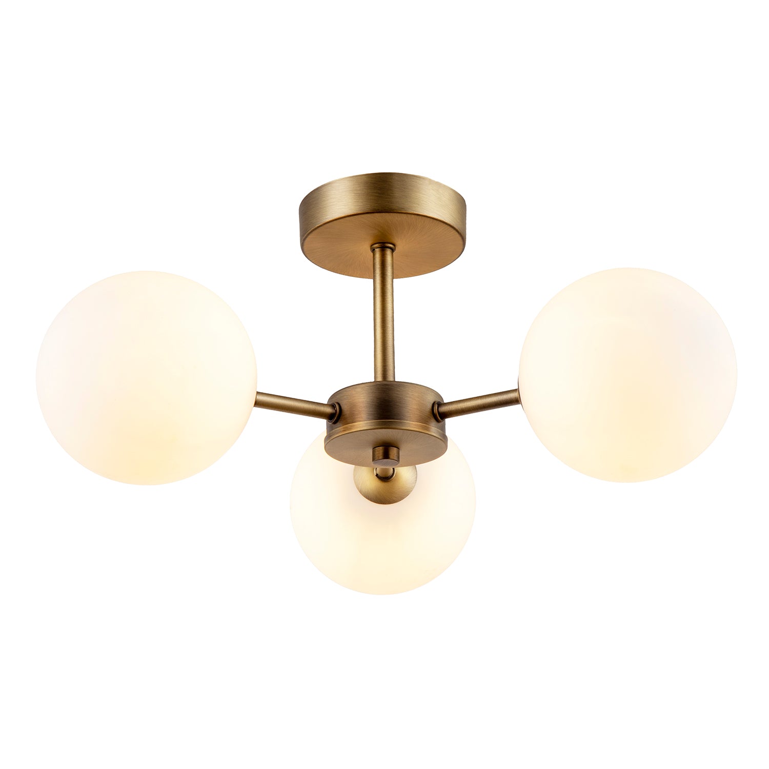 Contemporary Antique Brass Ceiling Lamp with Opal Globe Glass Shades Image 2