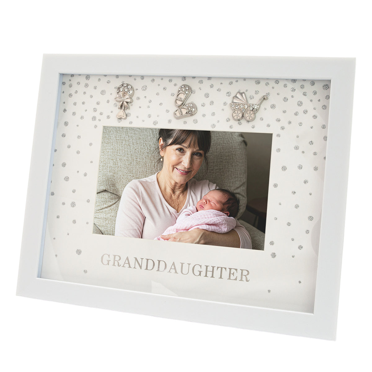 Modern Granddaughter 4x6 White Frame with Silver Foil Falling Dots Image 1