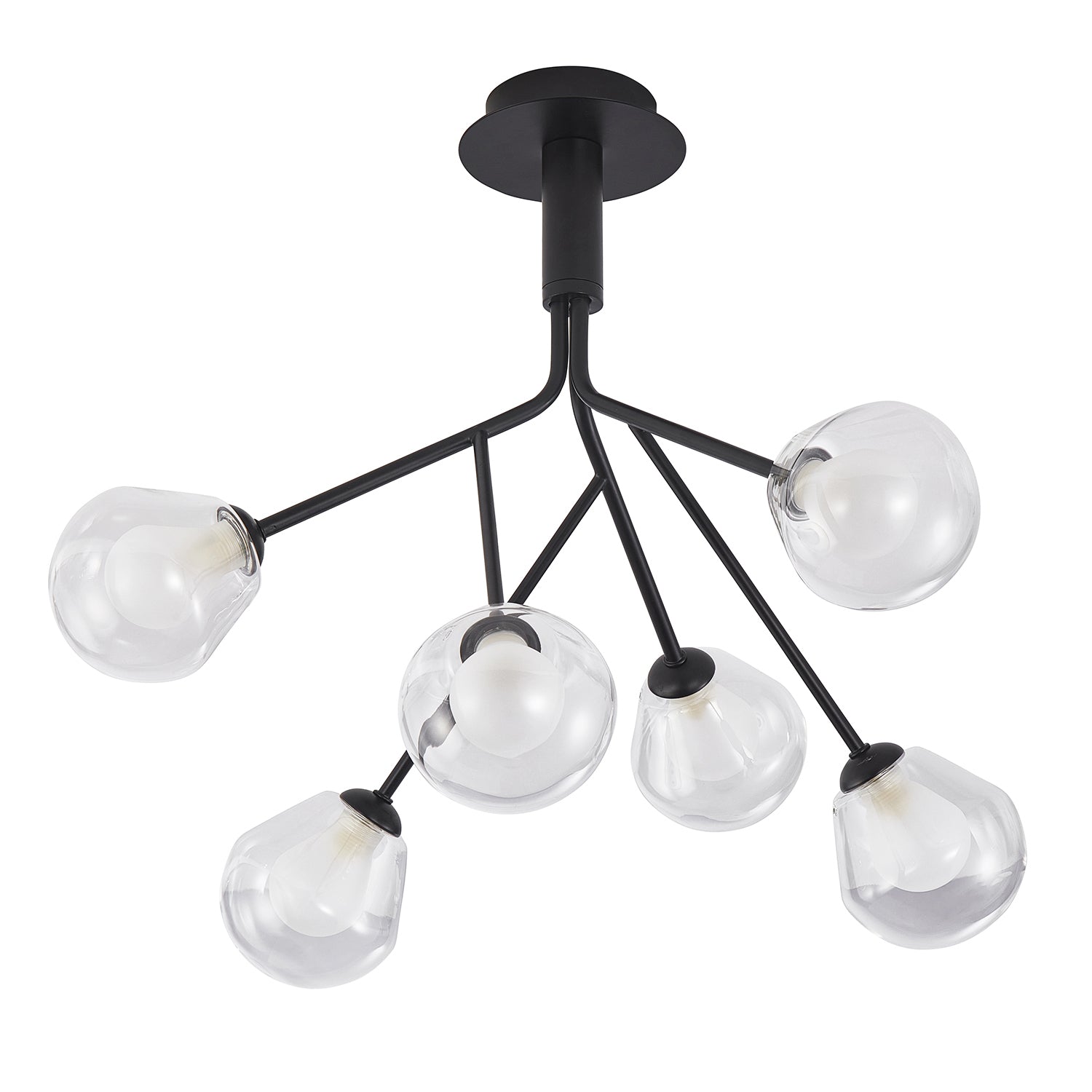 Modern Designer Matte Black 6-Arm Ceiling Light with Opal and Clear Glass Shades Image 2