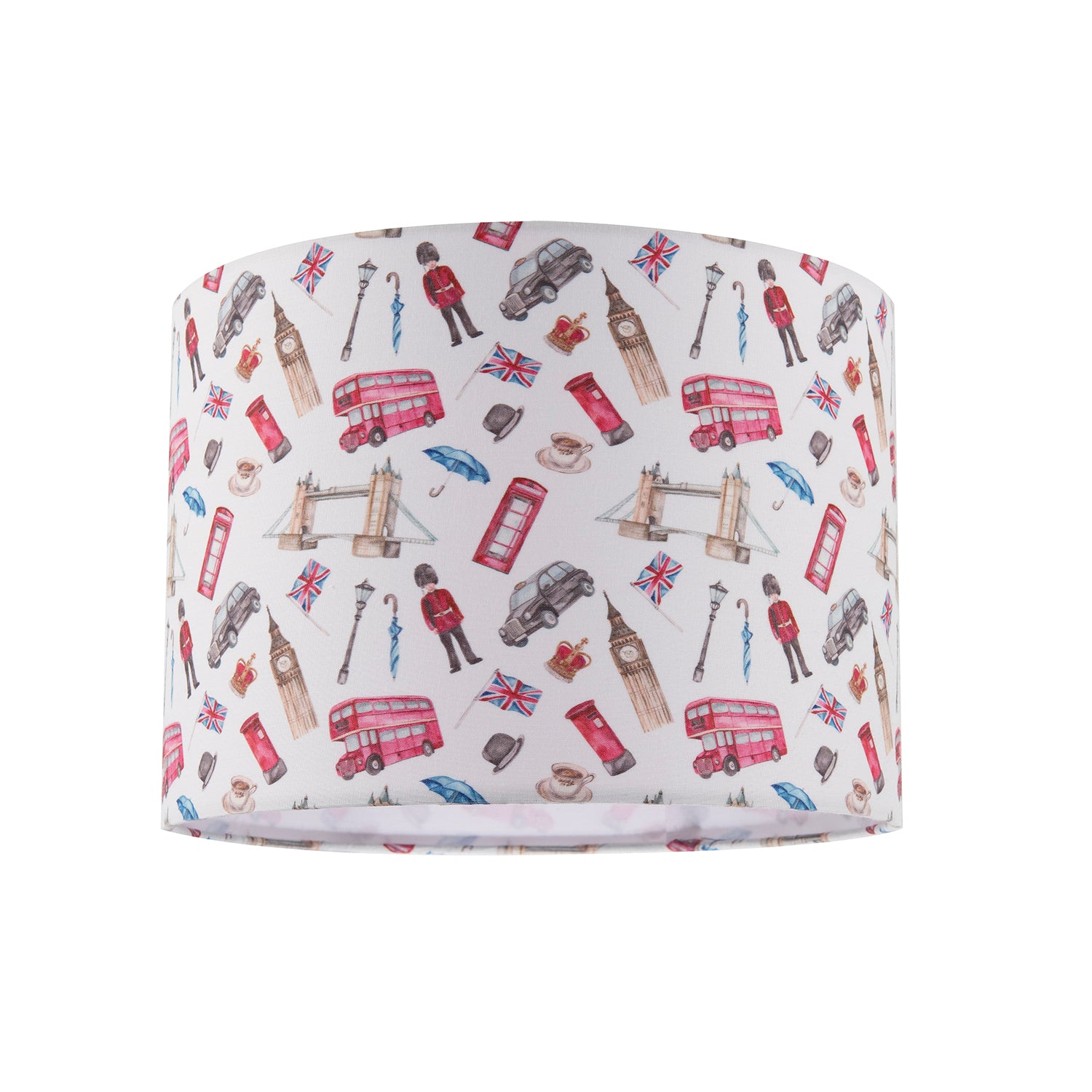 London Themed Cotton Lamp Shade with Red Buses Post Boxes Black Taxis Image 1