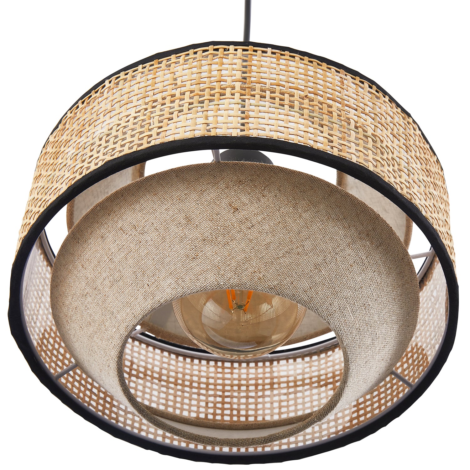 Natural Linen and Woven Rattan Pendant Ceiling Light with Black Trim and Cable Image 4