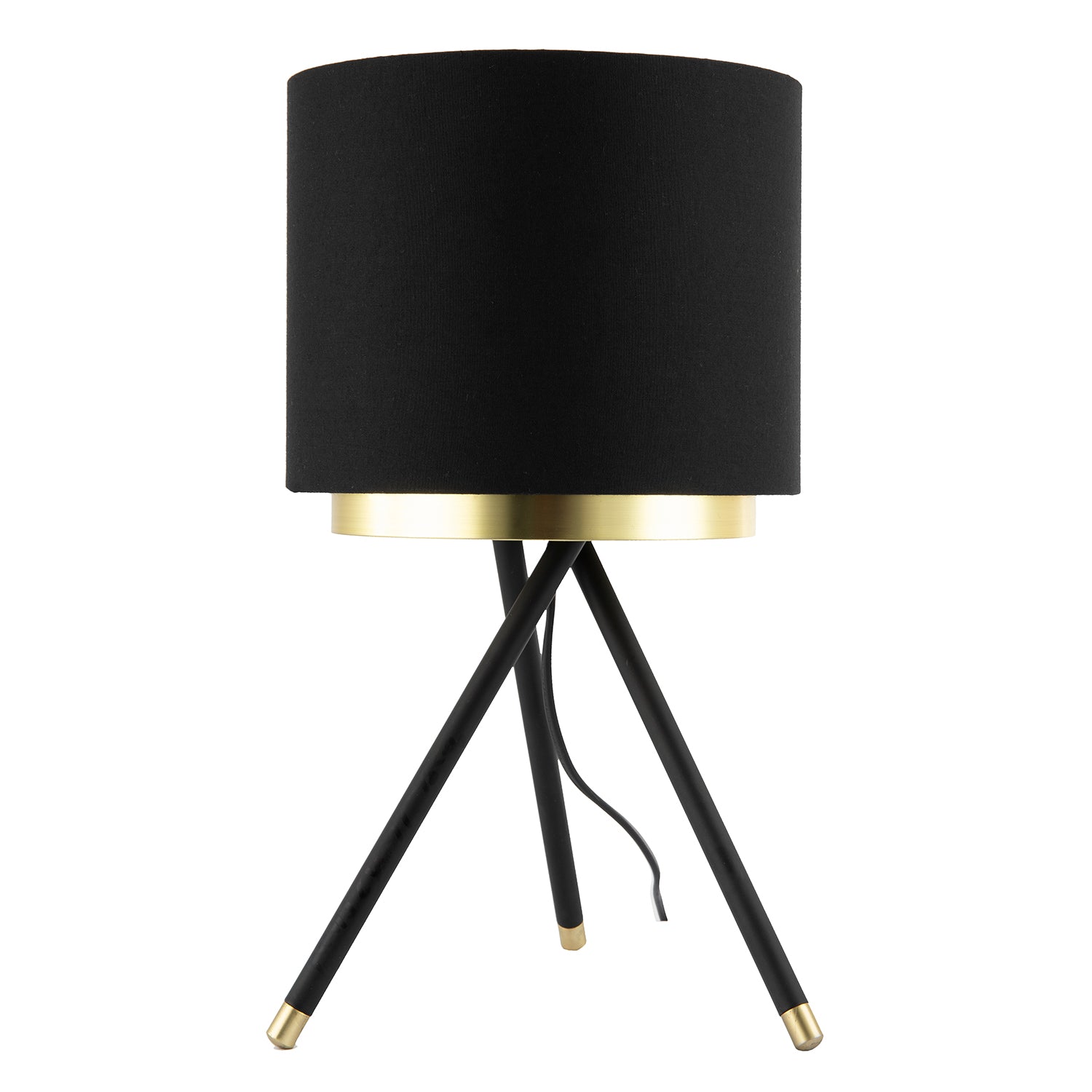 Black Tripod Table Lamp with Gold Metal Ring and Cotton Drum Shade Image 3