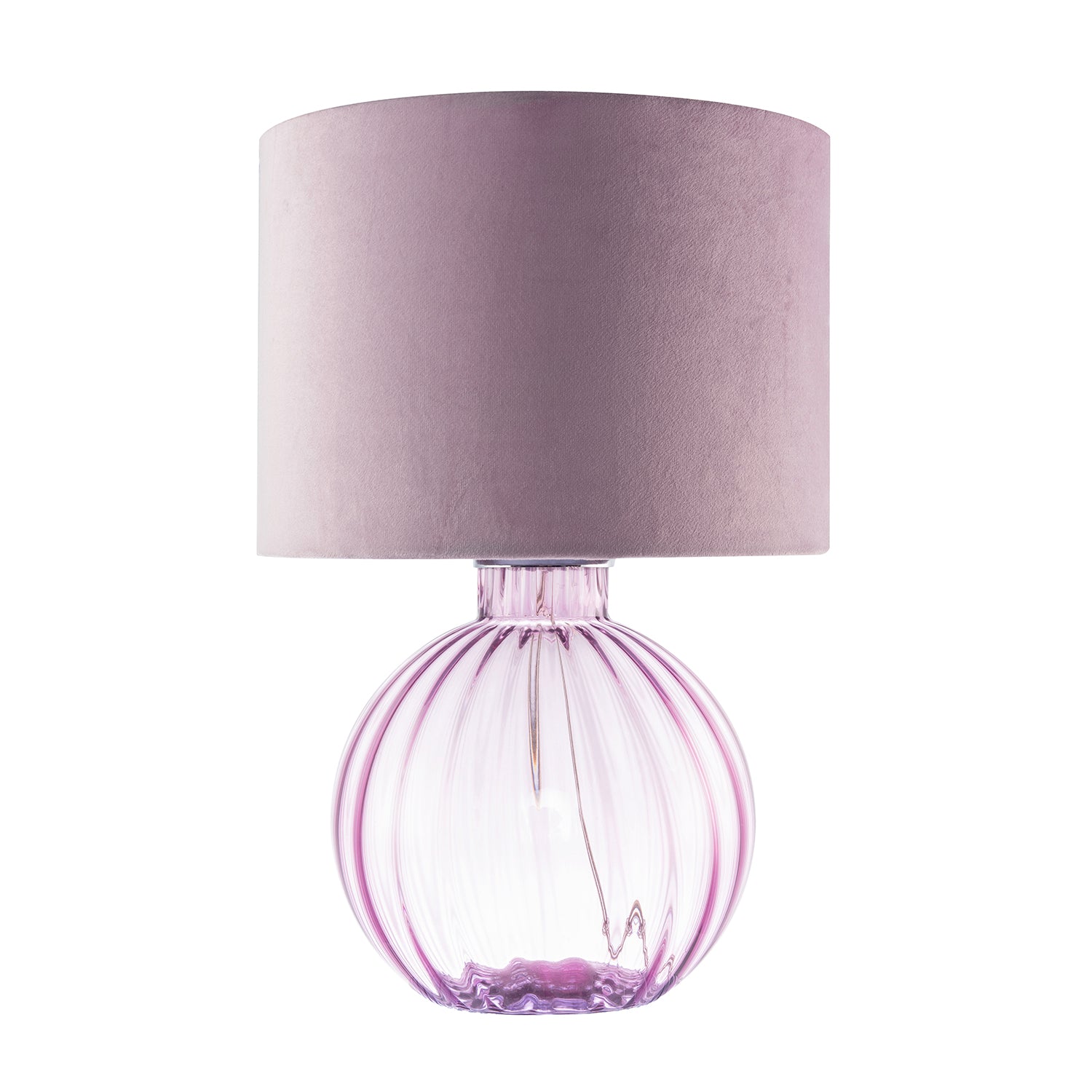 Contemporary Lilac Ribbed Glass Table Lamp with Velvet Fabric Shade