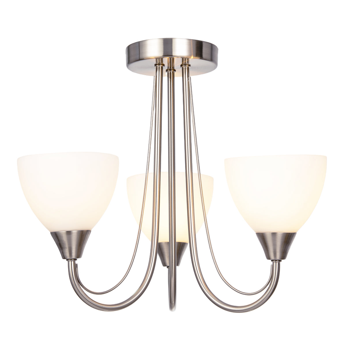 Chic Satin Nickel Three Arm Ceiling Light with Opal White Glass Shades Image 2