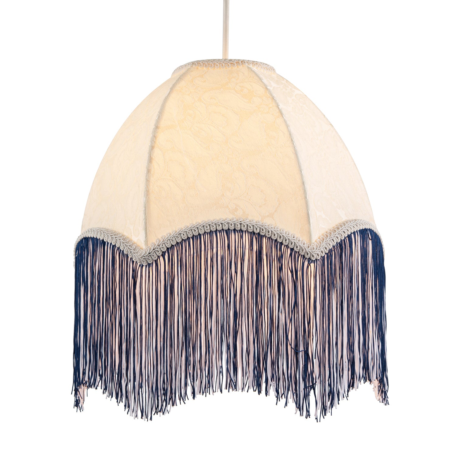 Cream Floral Victorian Velvet Shade with Navy Blue and White Tassels Image 2