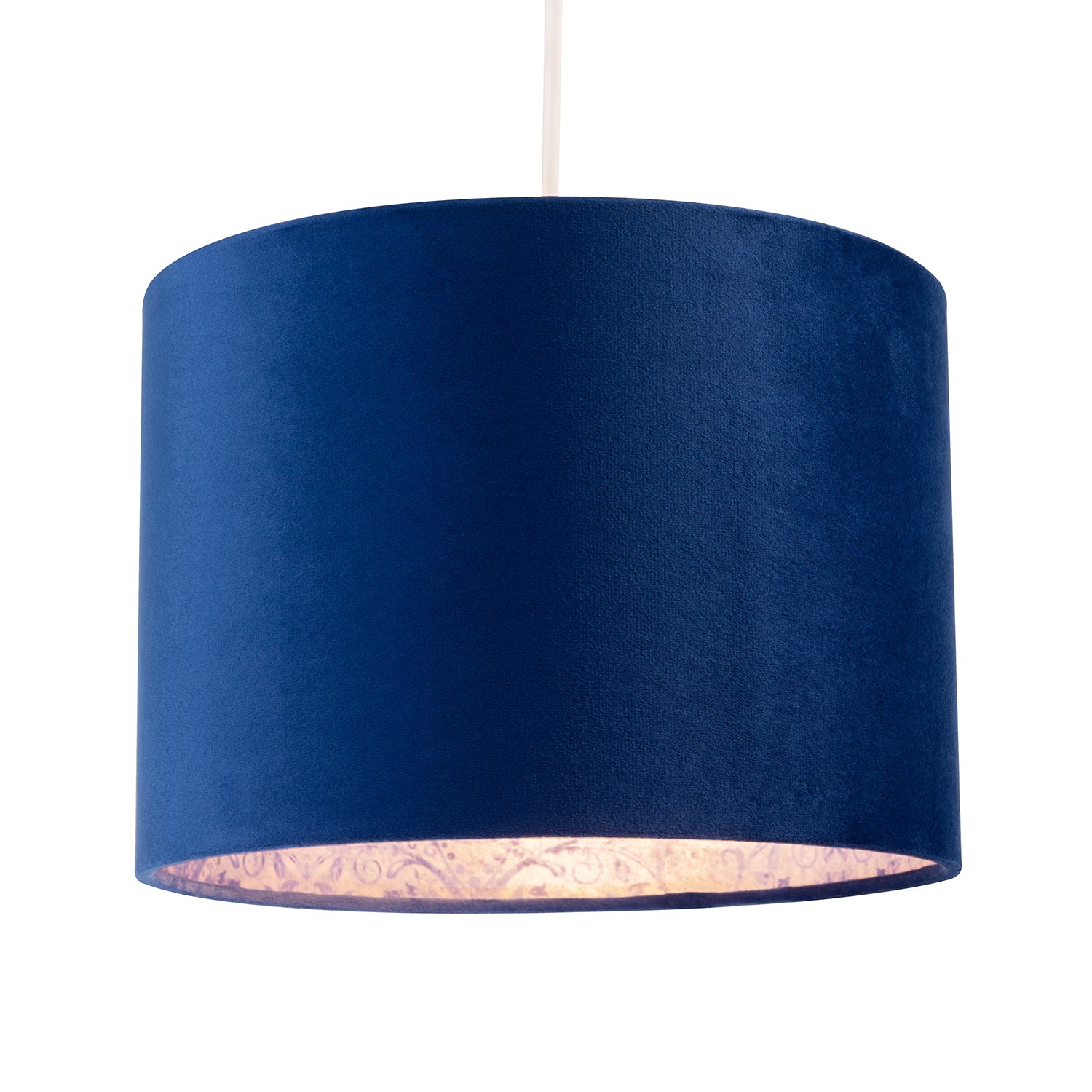 Deep Sea Blue Velvet Drum Lamp Shade with Inner Floral Pattern Lining Image 2