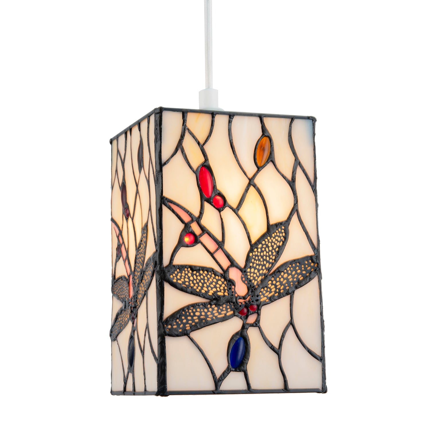 White Stained Glass Dragonfly Rectangular Tiffany Pendant Light Shade Image 2