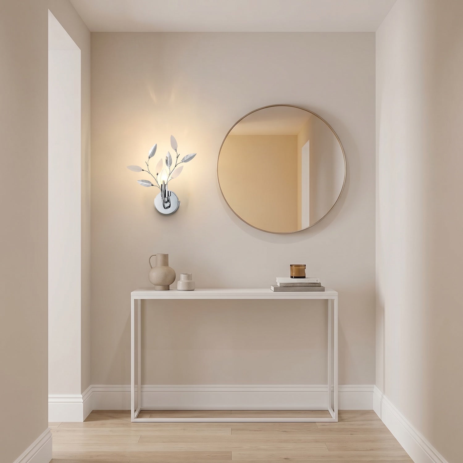 Modern Birch Chrome Wall Light Fixture with Clear and White Leaves Image 6
