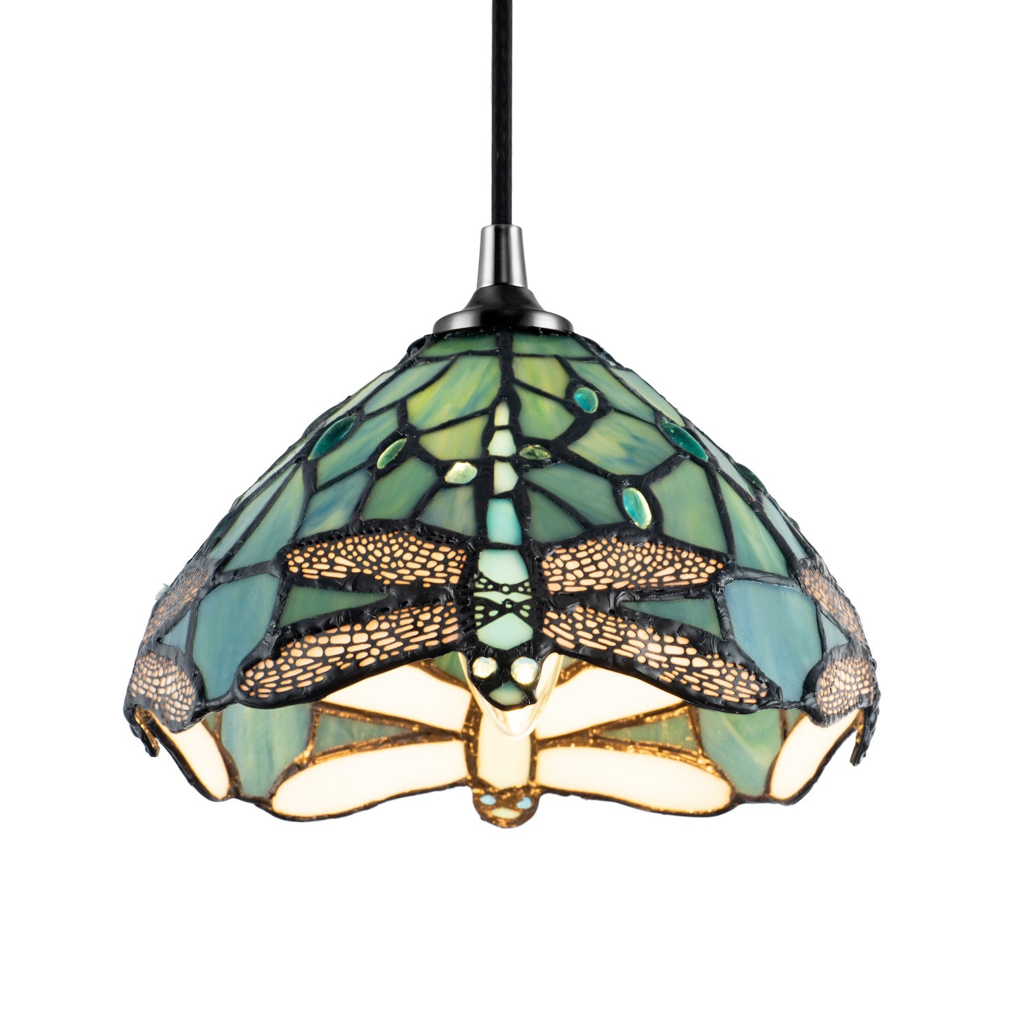 Dragonfly Themed Emerald Stained Glass Tiffany Pendant Lighting Shade with Beads Image 4