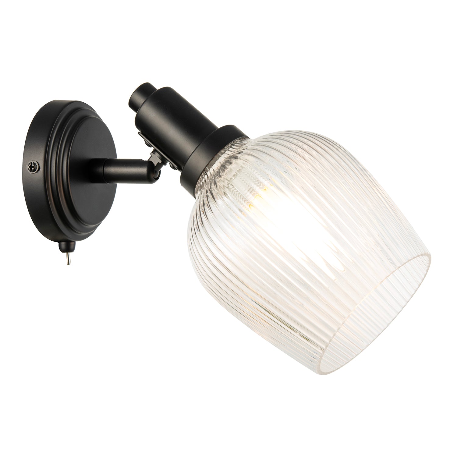 Classy Matte Black Switched Wall Light with Clear Ribbed Glass Shade Image 4