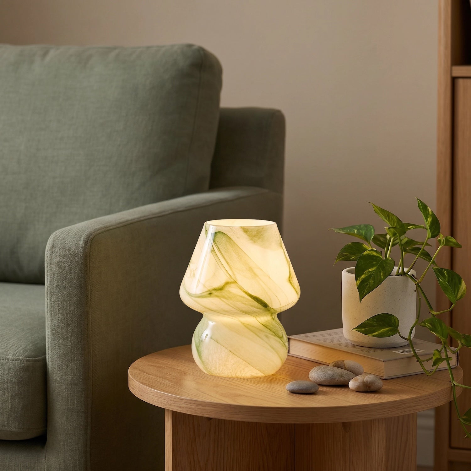 Modern Mini Mushroom Glass Table Lamp with Green Marble Effect Pattern Image 6