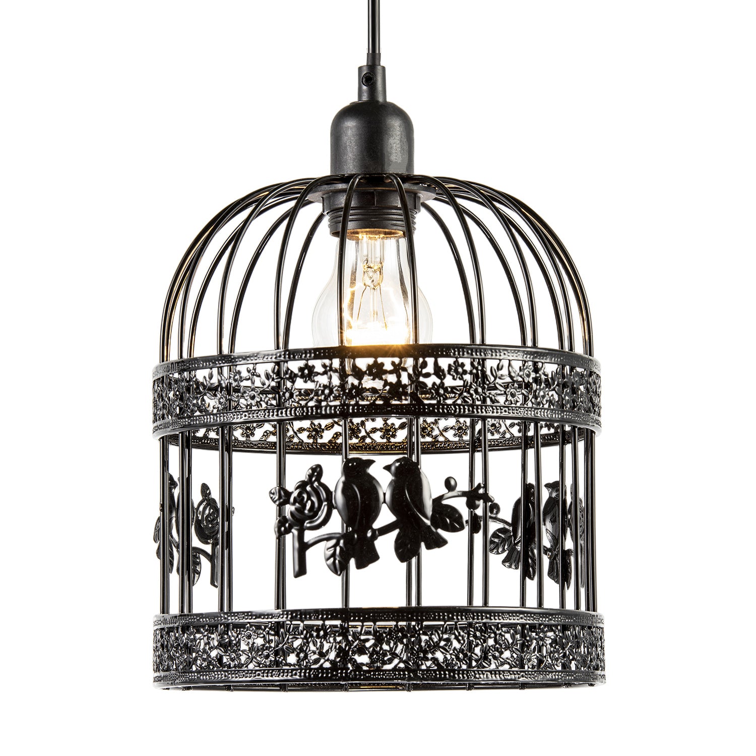 Shabby Chic Shiny Black Gloss Birdcage Shade with 3D Flowers and Birds Image 2