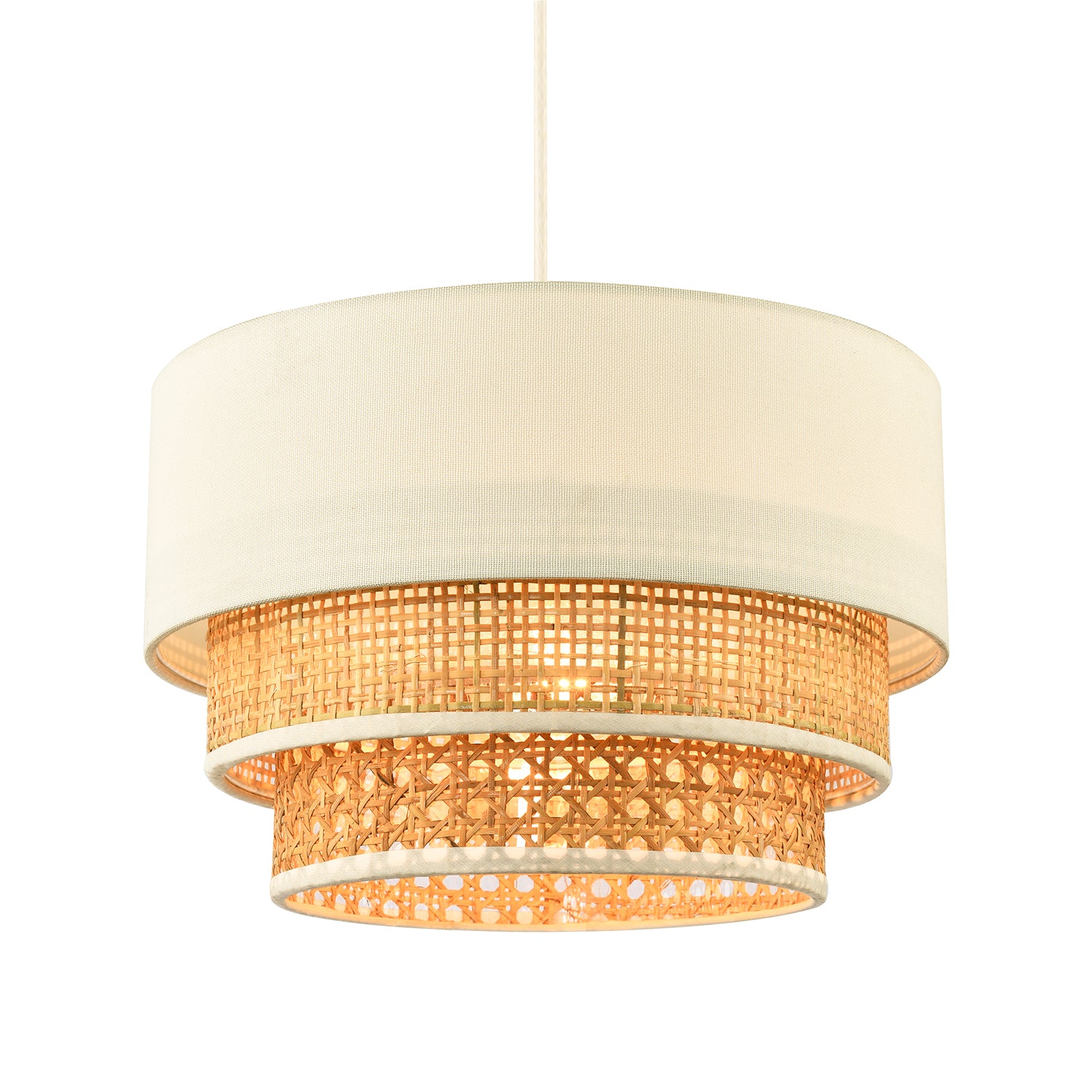 Contemporary Triple Tier Cream Linen and Natural Rattan Pendant Shade Image 1