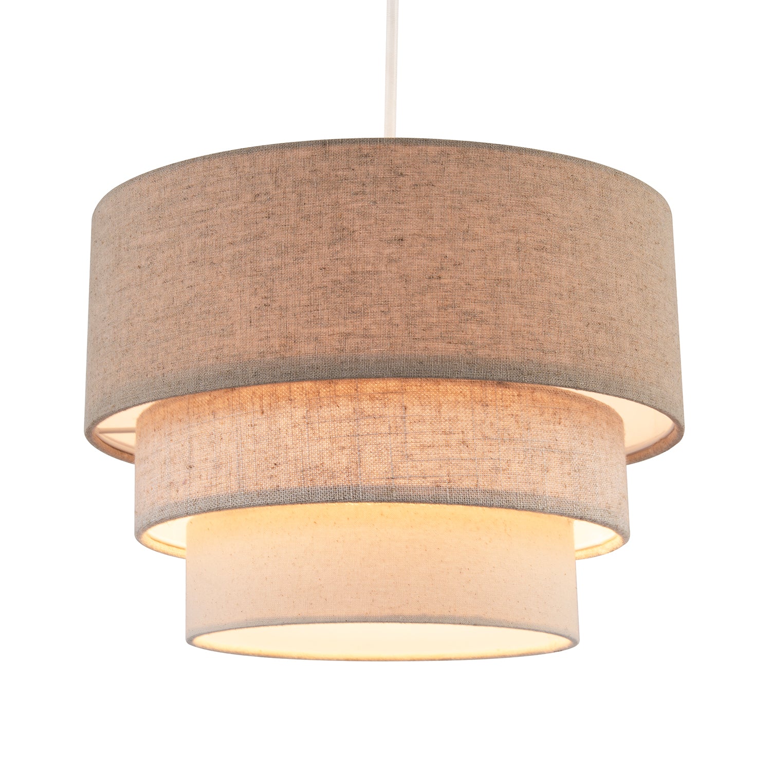 Contemporary Round Triple Tier Beige and Oatmeal Linen Pendant Shade Image 2