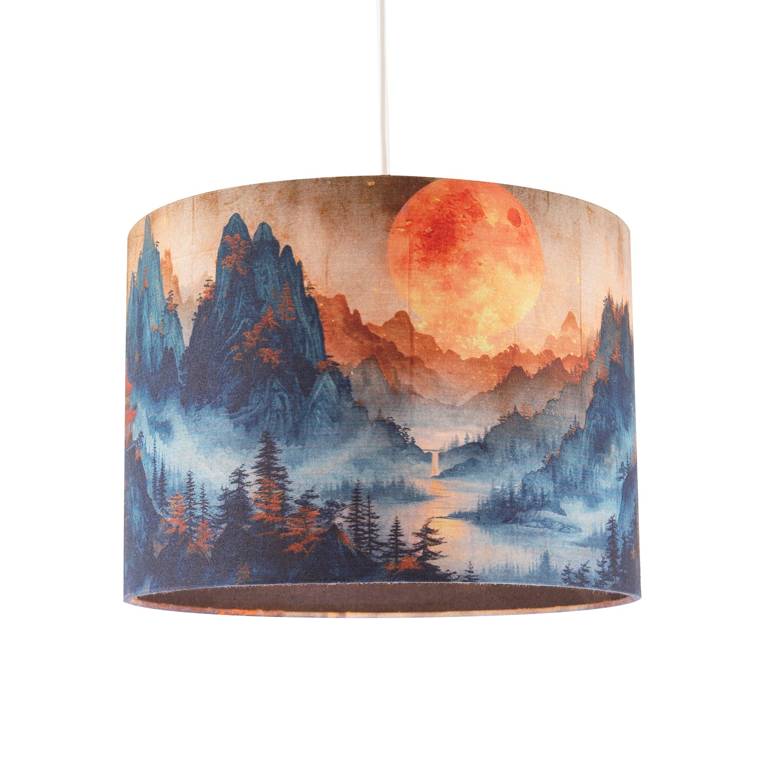 Japanese Themed Cotton Lamp Shade with Mountains Trees and Sunset Image 2