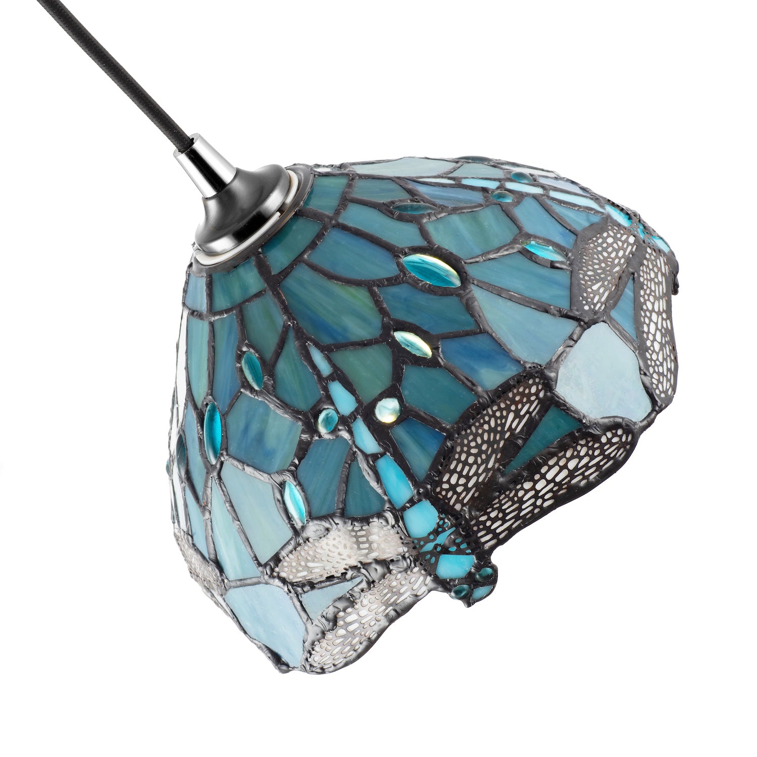 Dragonfly Themed Emerald Stained Glass Tiffany Pendant Lighting Shade with Beads Image 5