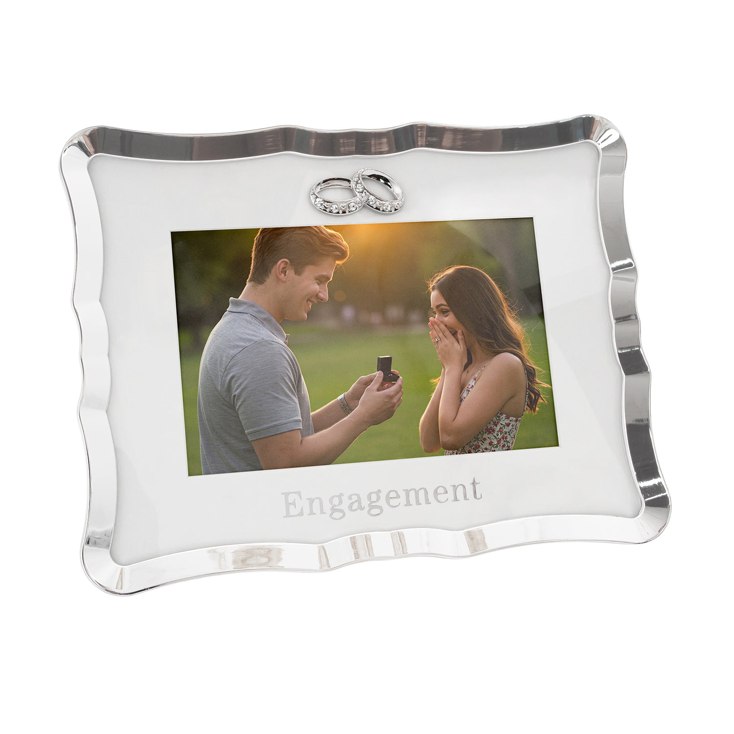 Modern Engagement Picture Frame in Silver Plating with Double Rings Image 2