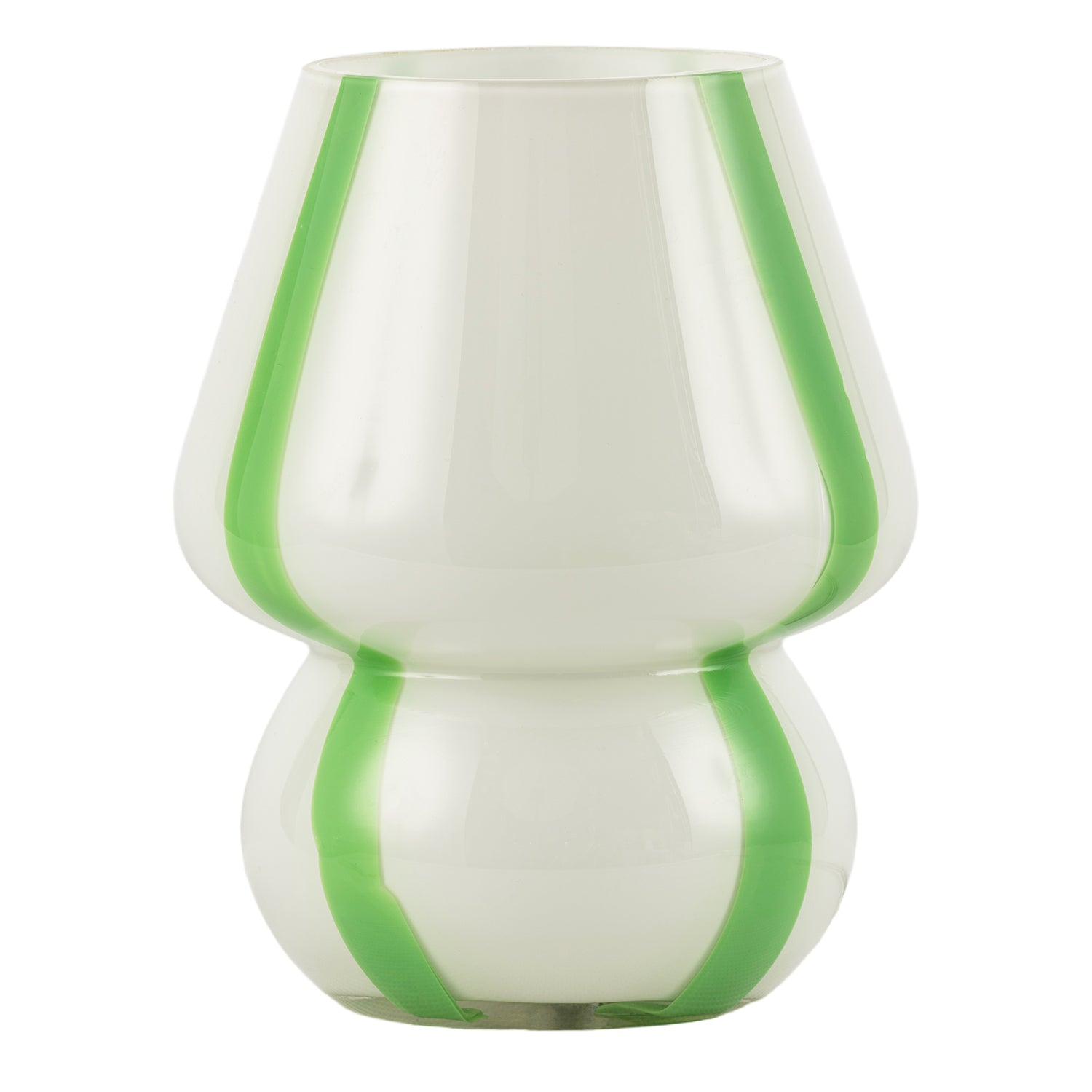 Handcrafted Art Glass Table Lamp in Soft White with Bold Green Ribbons Image 1