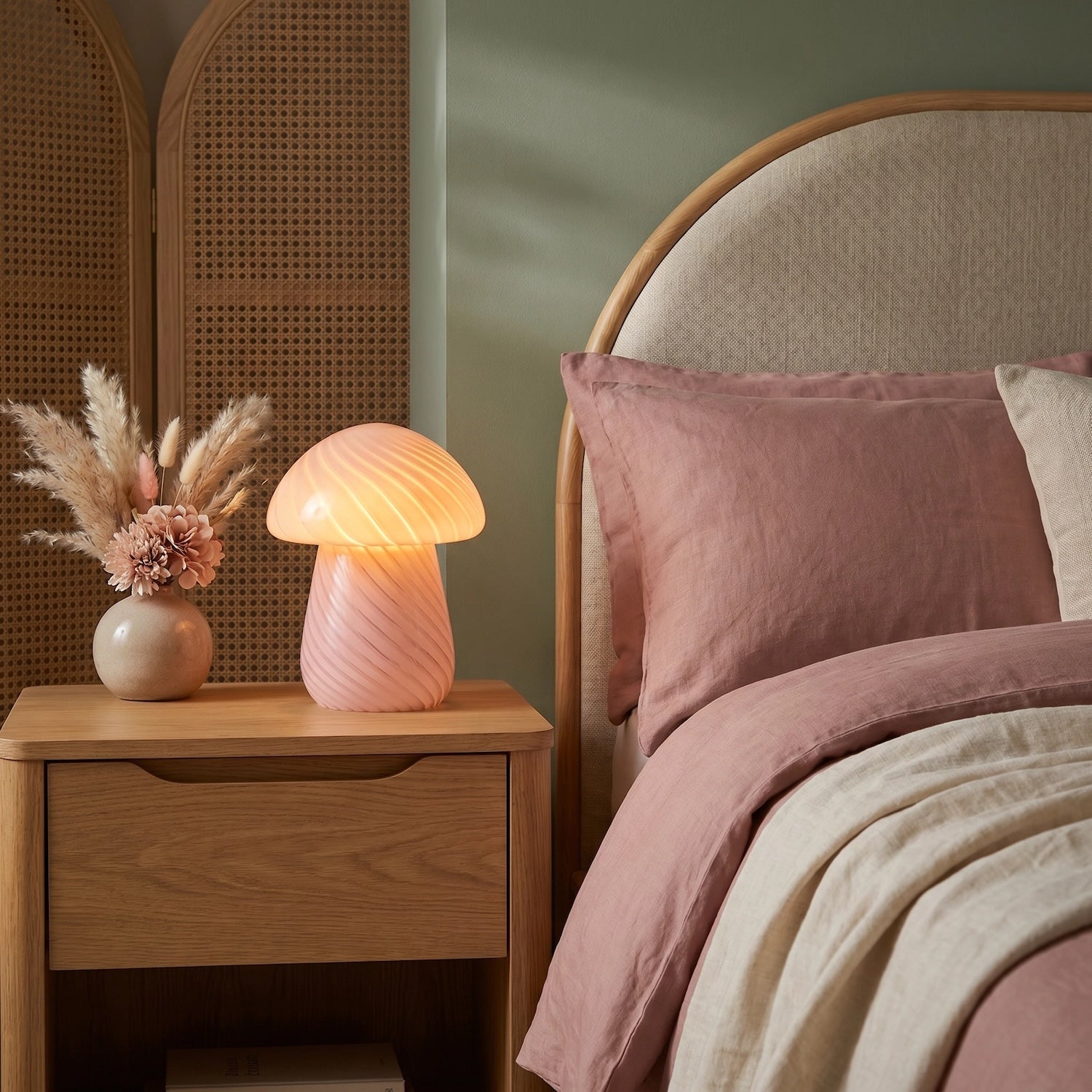 Contemporary Mushroom Glass Table Lamp with Pink Stripe Effect Pattern Image 6