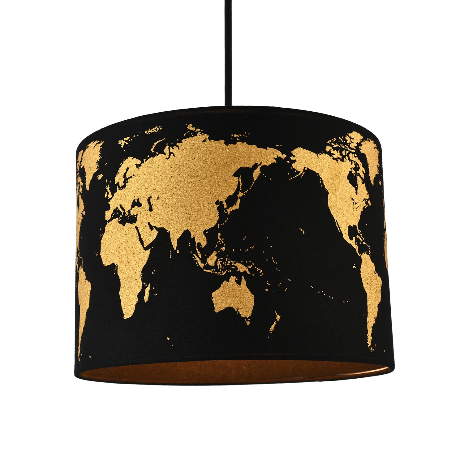 Modern Shiny Gold Foil World Map Lamp Shade in Black Cotton Fabric Image 2