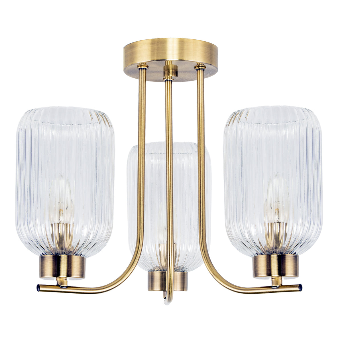 Elegant Ceiling Fitting in Antique Brass with Ribbed Glass Shades Image 1