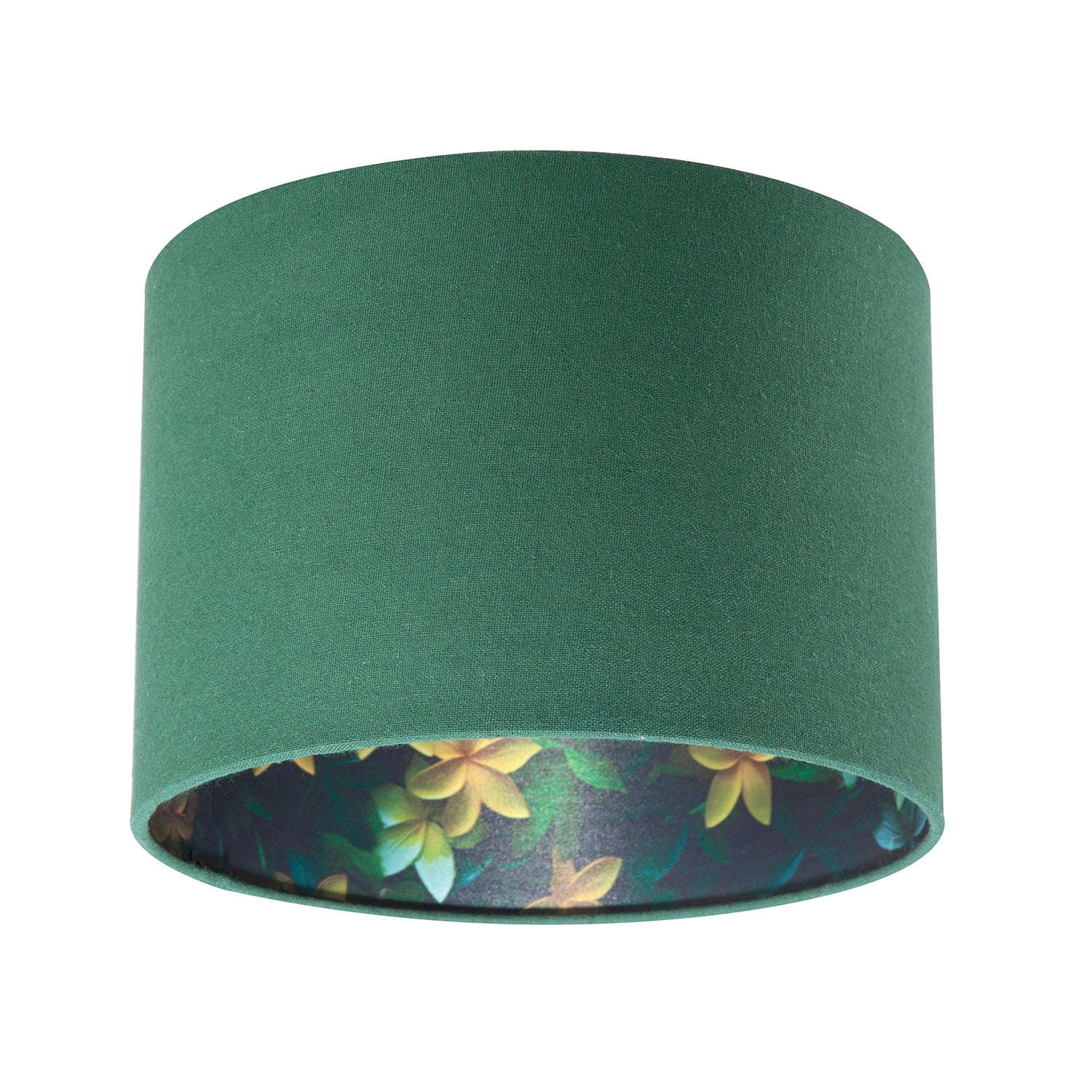 Yellow and Green Flowers Round Lamp Shade in Forest Green Linen Fabric Image 1