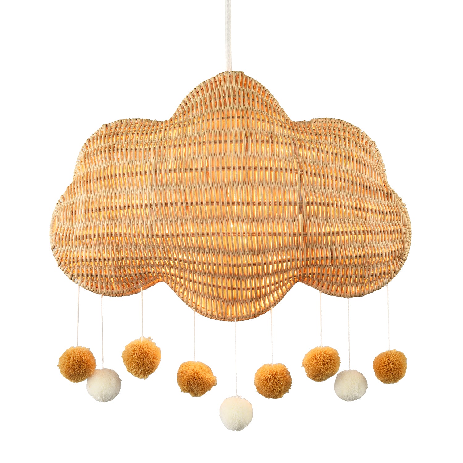 Cloud Shaped Childrens Rattan Pendant Light Shade with Pom Pom Balls Image 1