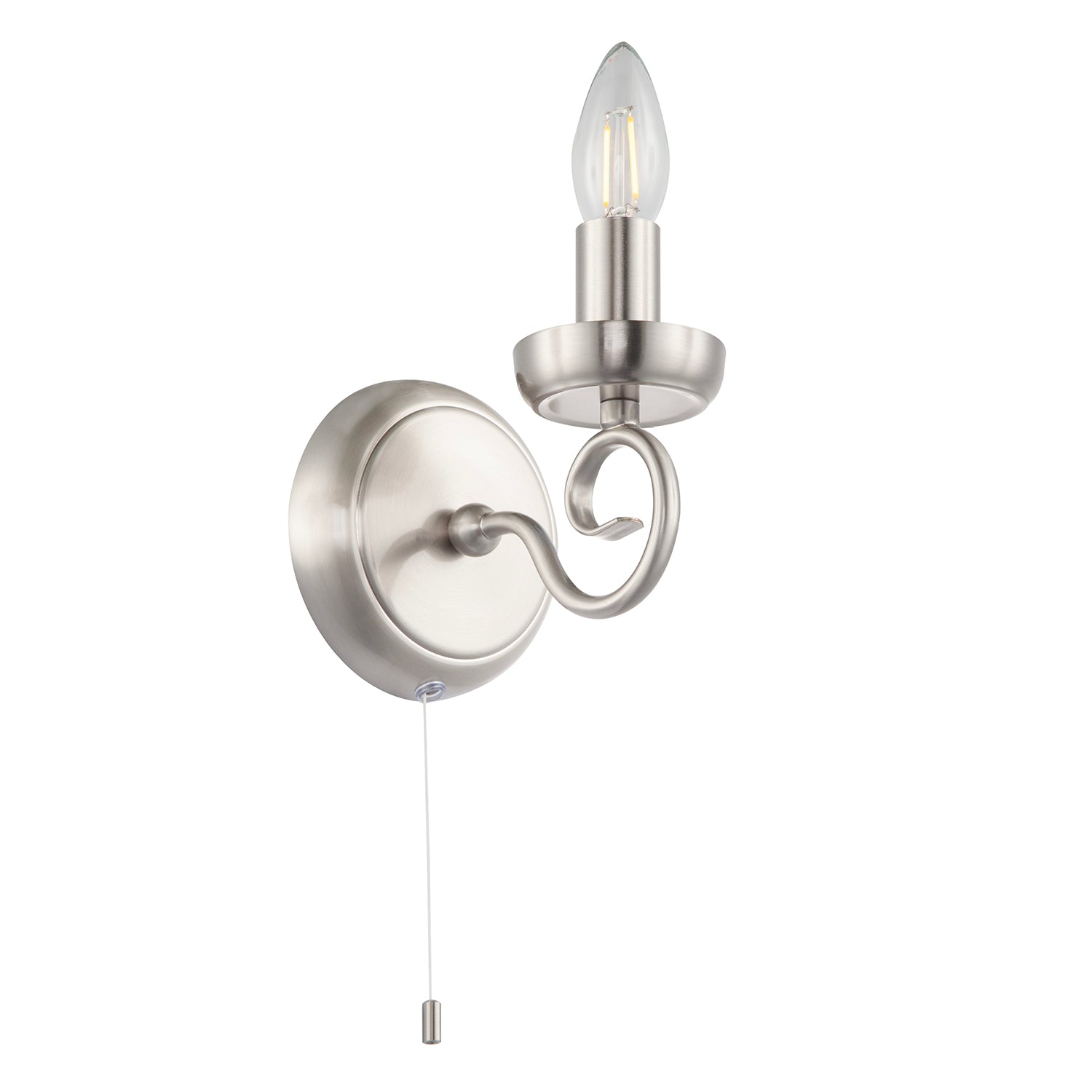 Traditional Satin Nickel Wall Light with Scroll Arm and Pull Switch Image 2