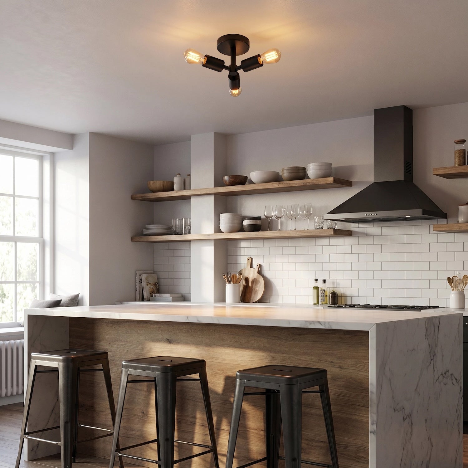 Industrial Matte Black Ceiling Light Fixture to Showcase Vintage Bulbs Image 6