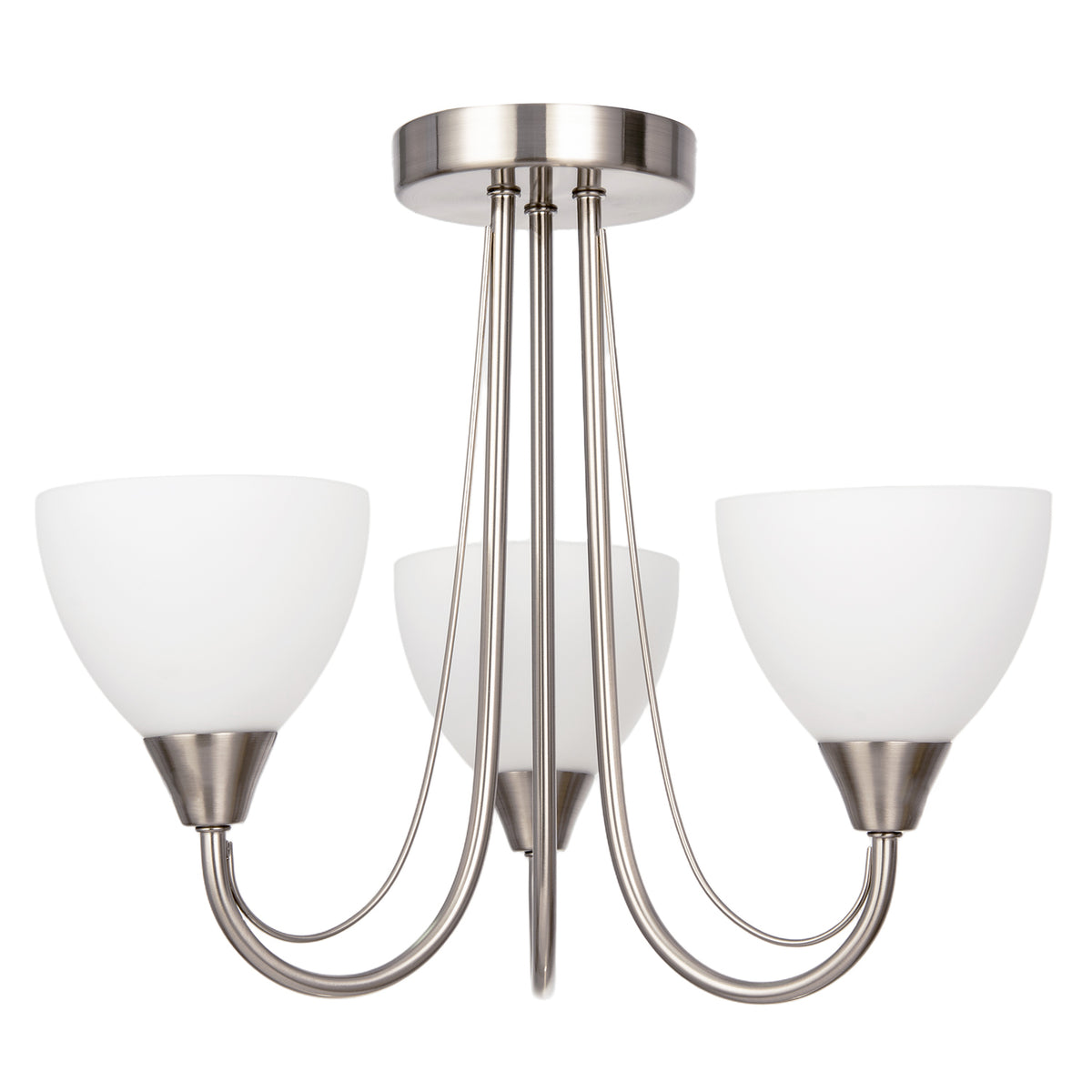 Chic Satin Nickel Three Arm Ceiling Light with Opal White Glass Shades Image 1