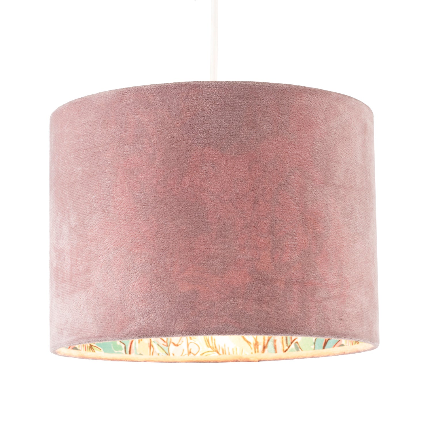 Rose Pink Velvet Drum Lamp Shade with Inner Watercolour Floral Pattern Image 2