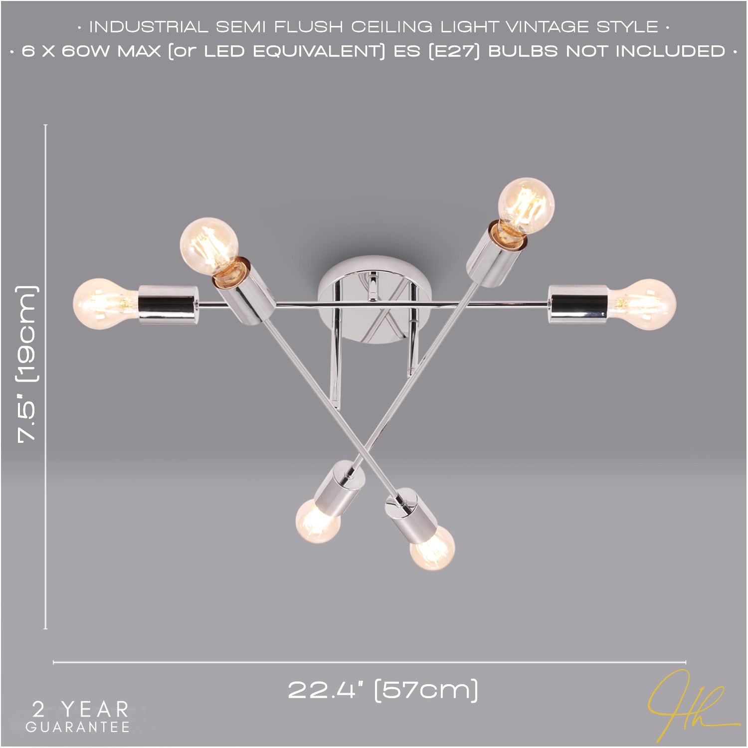 Industrial Designer Styled Polish Chrome Ceiling Light with Straight Metal Arms Image 6