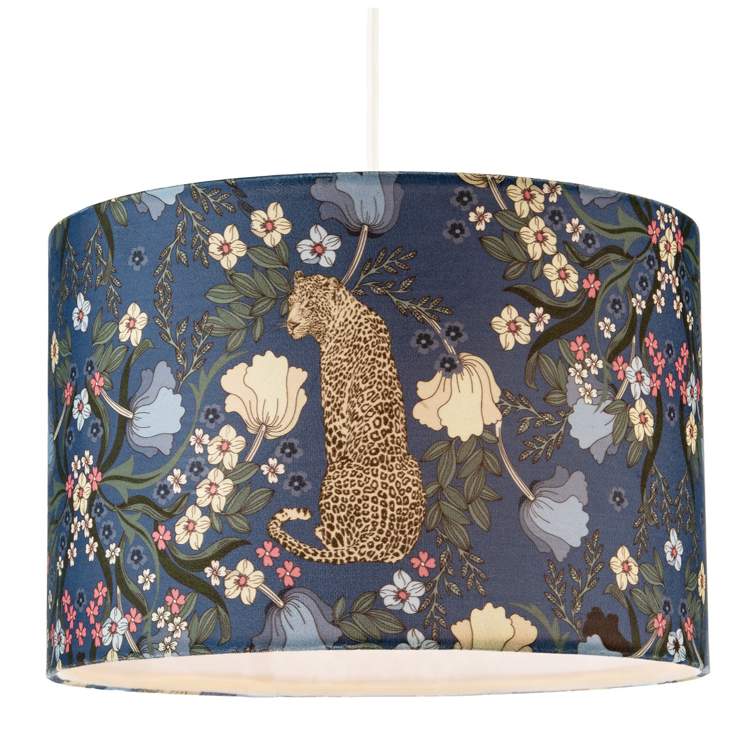 Rich Midnight Blue Lampshade with Leopard and Botanical Foliage Design Image 2