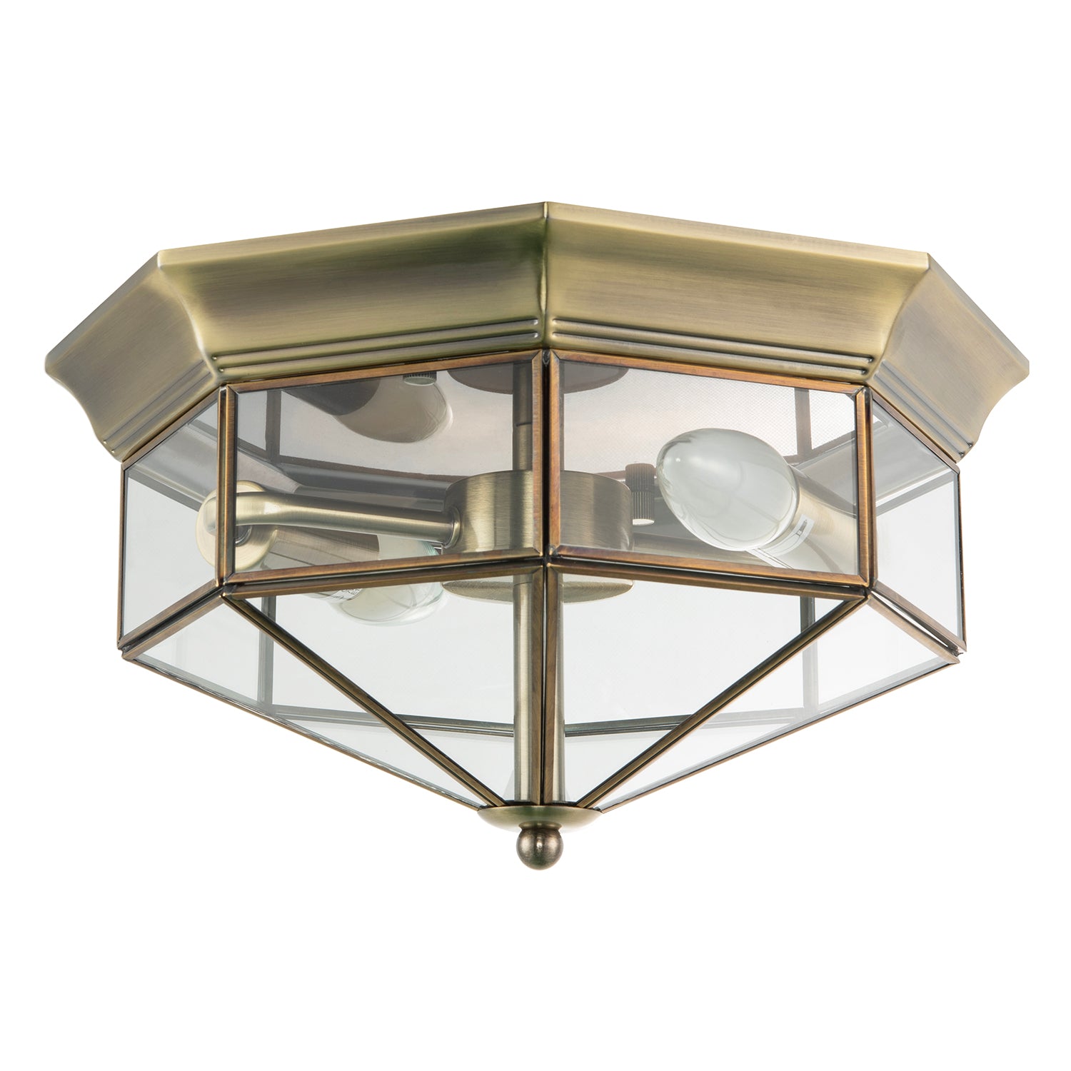 Classic Flush Ceiling Light in Antique Brass with Clear Glass Panels Image 1