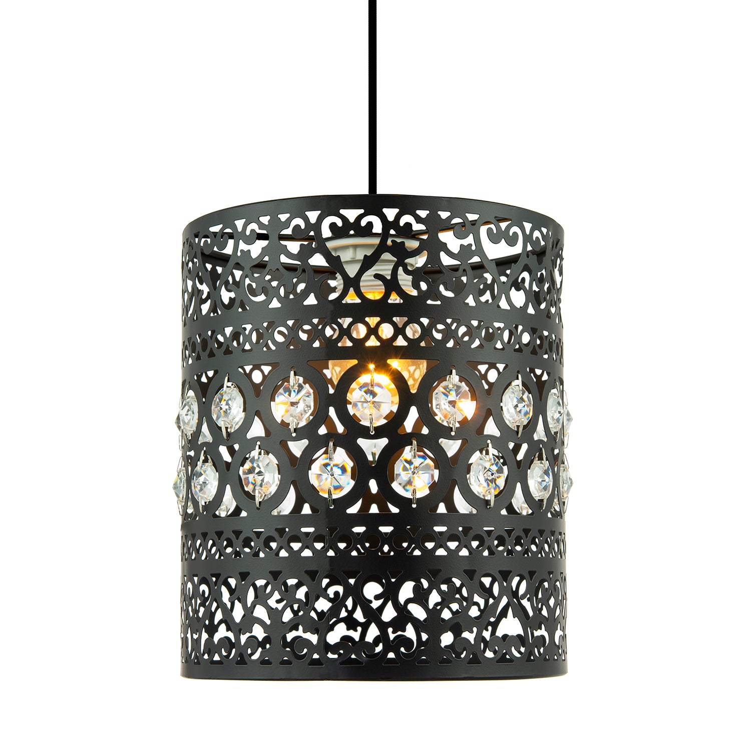 Traditional and Ornate Black Easy Fit Pendant Shade with Clear Acrylic Droplets Image 1