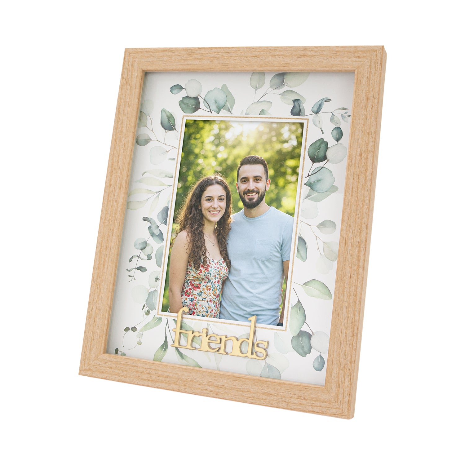 Modern Oak MDF Gold Friends Picture Frame with Green Floral Decoration Image 1