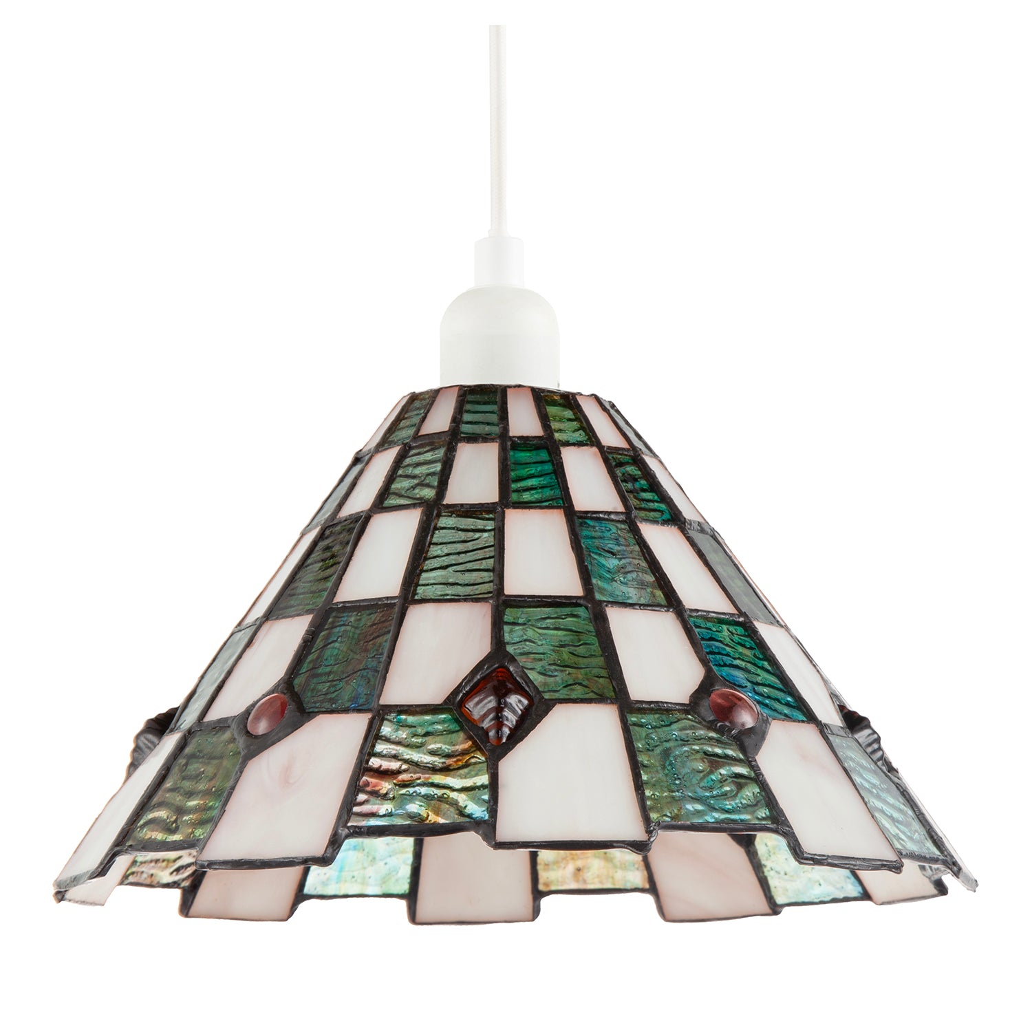 Emerald Green and Opal White Tiffany Pendant Shade with Ruby Red Beads Image 1