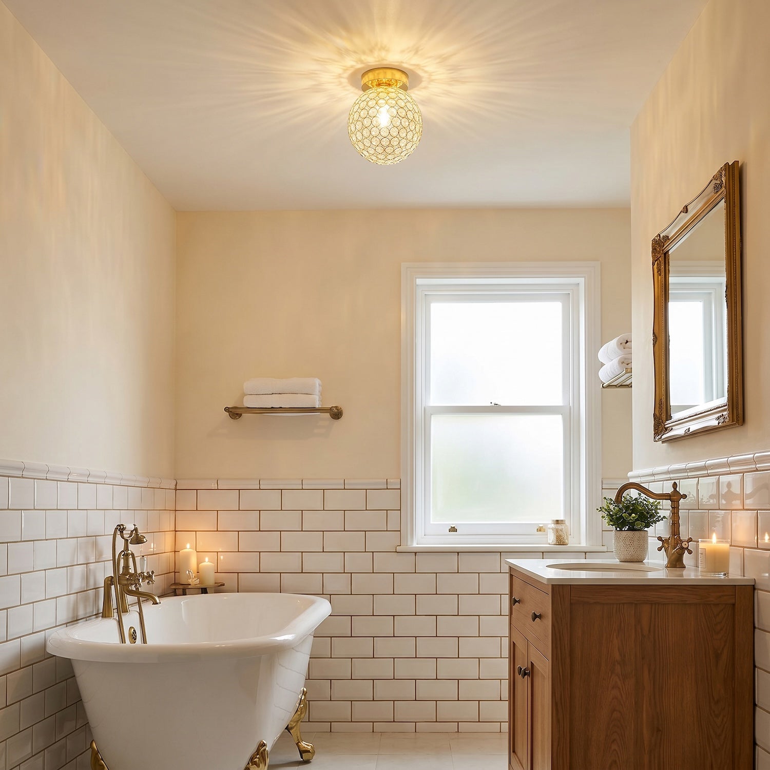 Modern Polished Gold and Beaded Glass IP44 Bathroom Ceiling Light Image 6