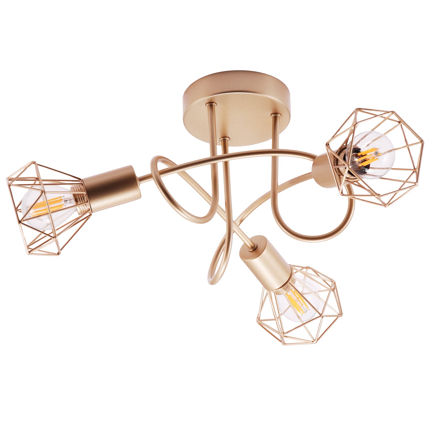 Modern Champagne Gold Ceiling Light Fitting with Twisting Arms and Cage Shades Image 1