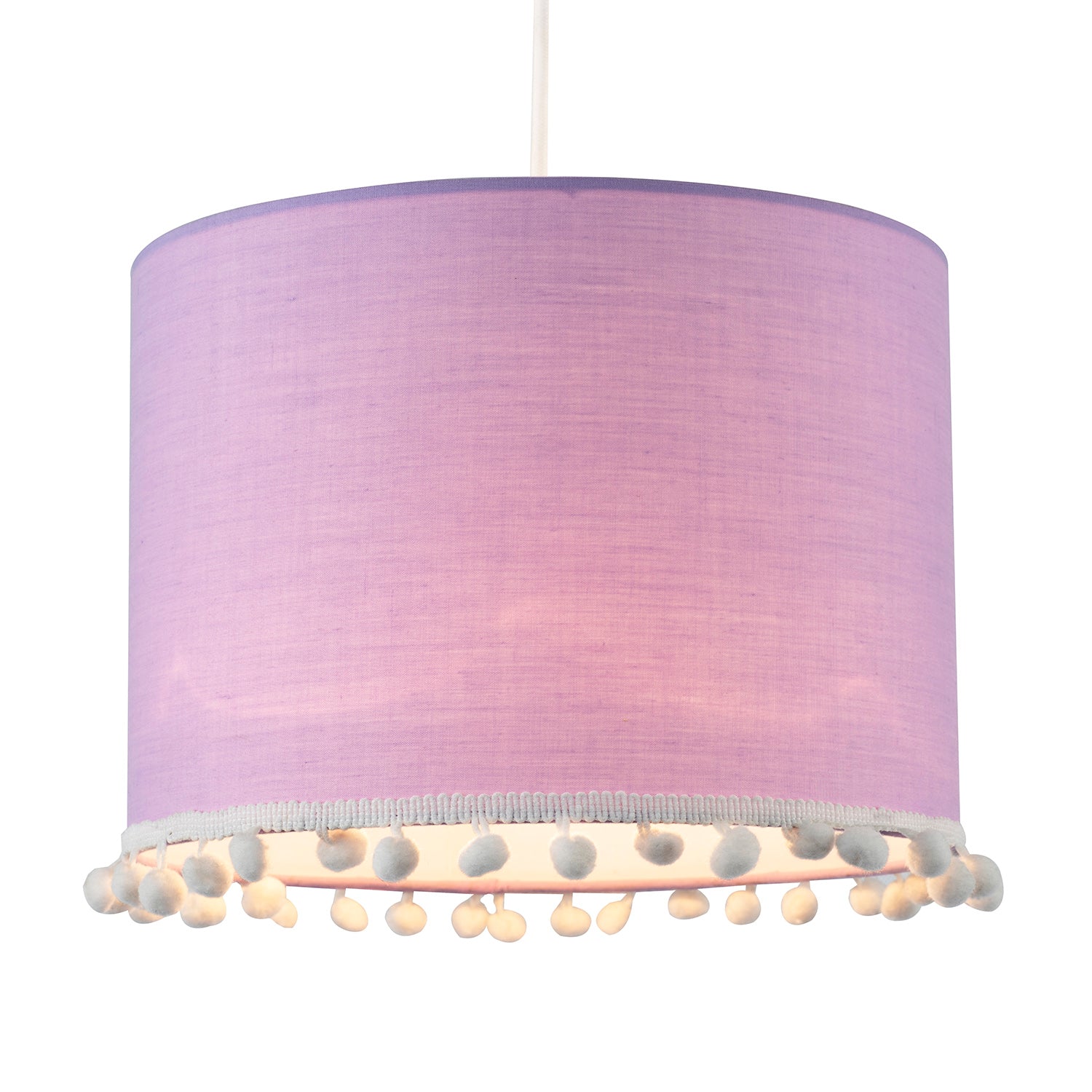 Cute and Modern Lilac Cotton 10" Lamp Shade with White Woolly Pom Poms Image 2