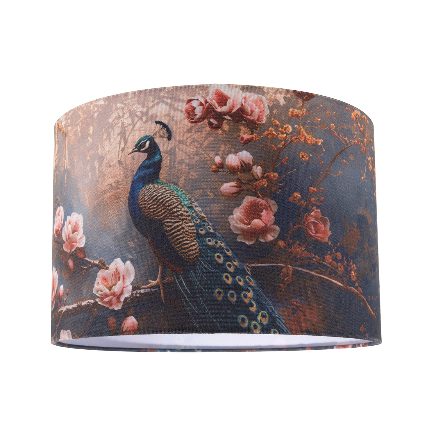 Dark and Moody Peacock Design Linen Fabric Lamp Shade with Pink Roses Image 1