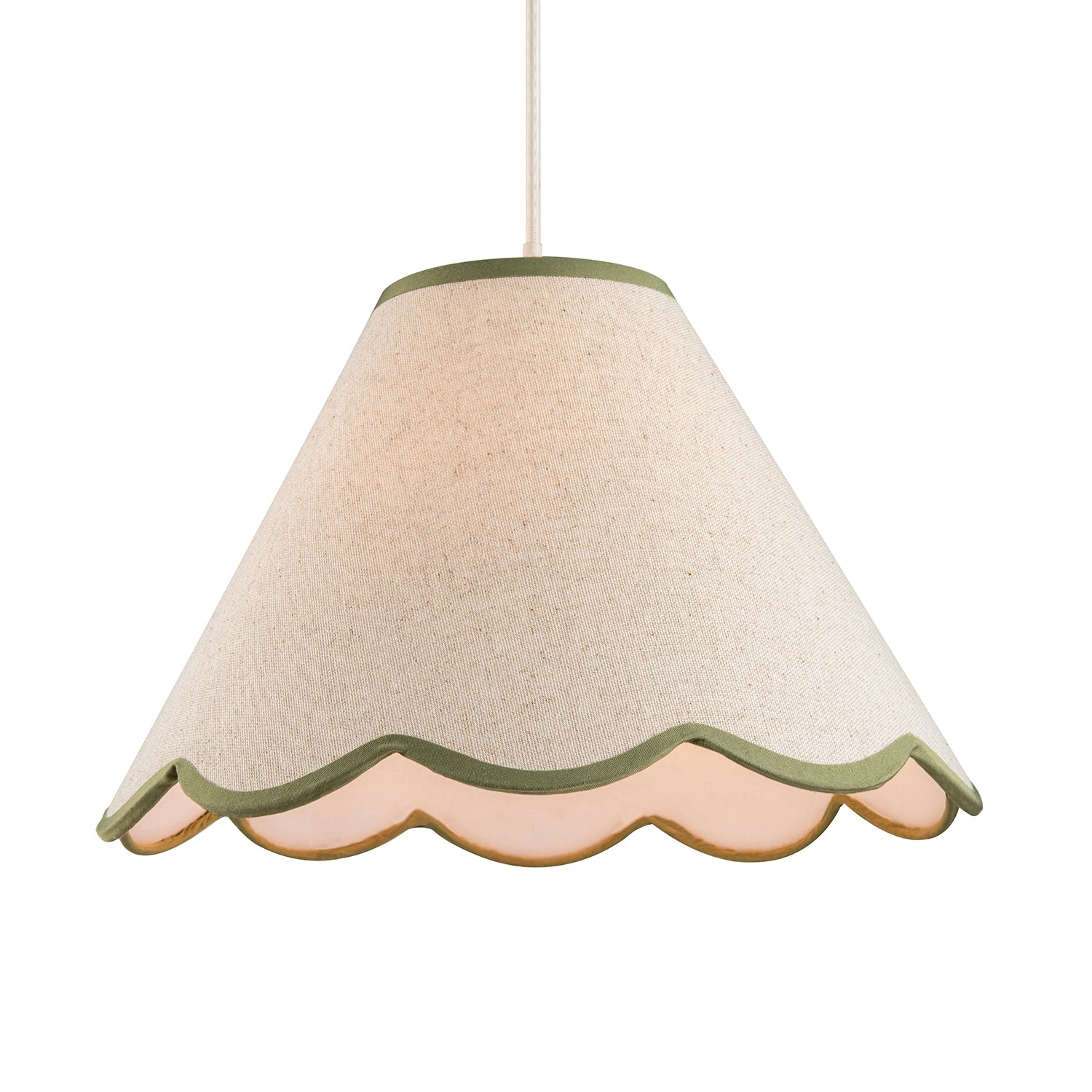 Scallop Edge Natural Textured Linen Coolie Lamp Shade with Olive Trims Image 2