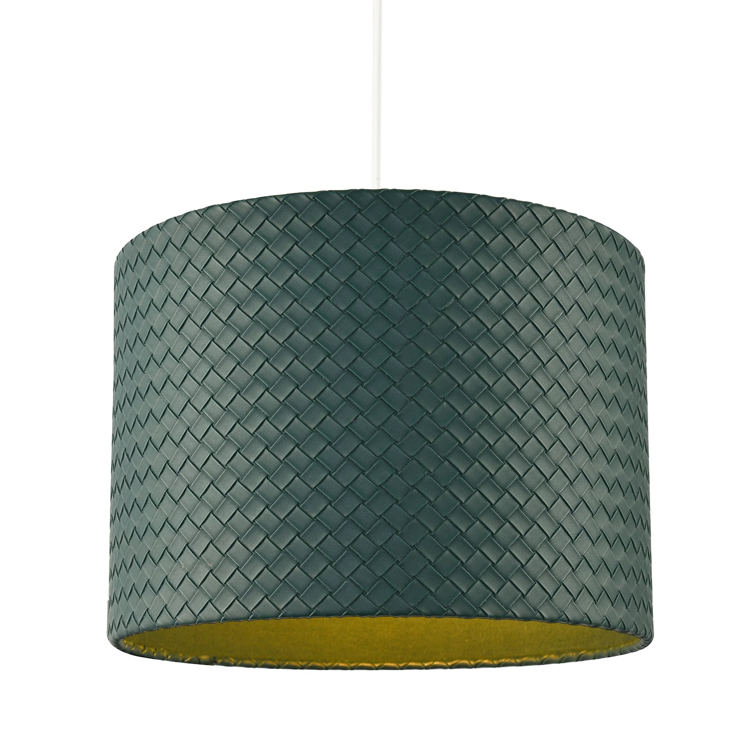 Dark Forest Green Faux-Leather Woven Drum Lampshade with Cotton Lining Image 2
