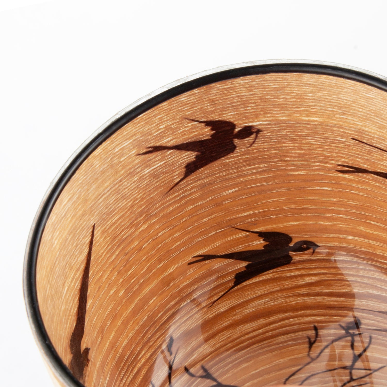 Bamboo Wood Effect Table Lamp with Black Birds and Trees Inner Lining Image 5