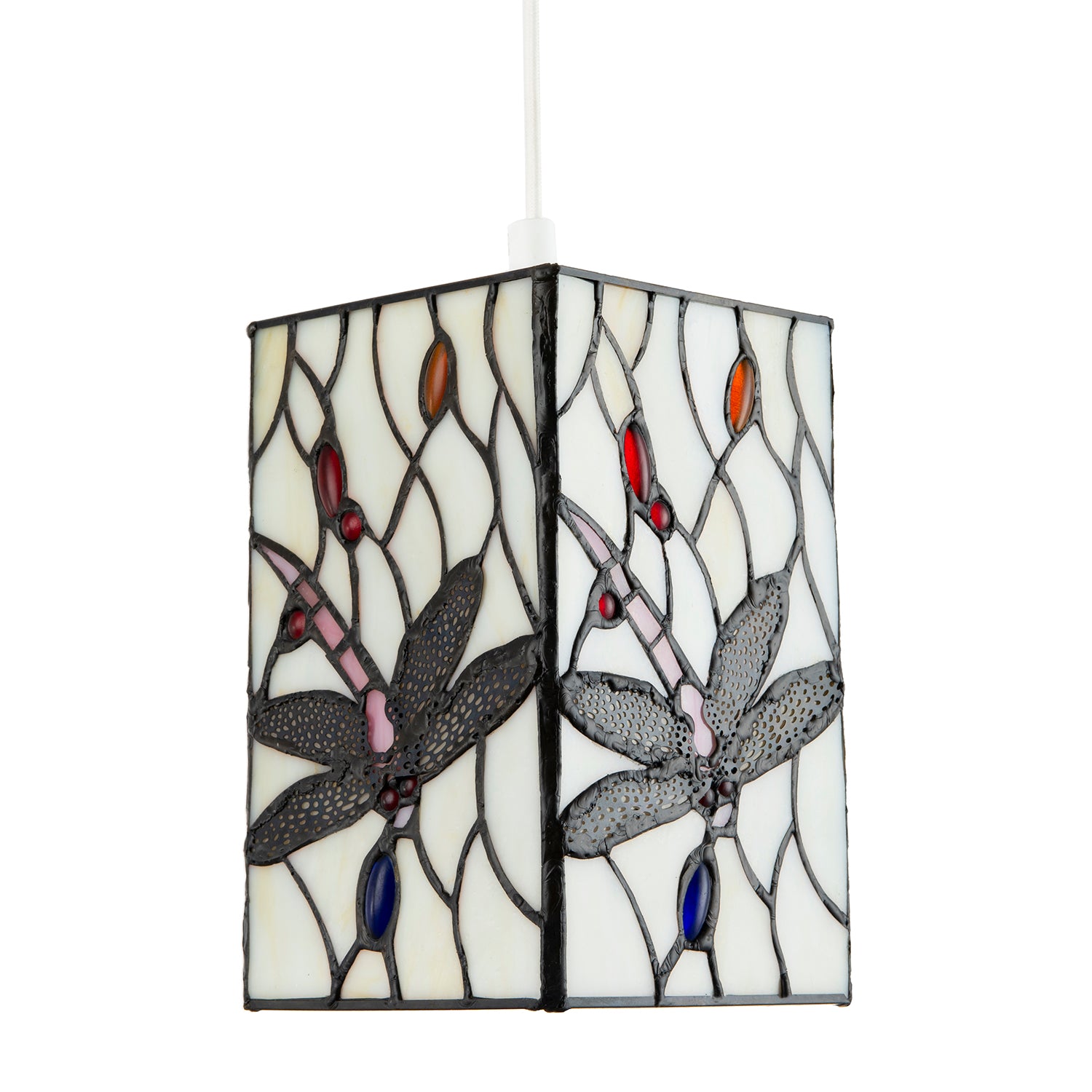 White Stained Glass Dragonfly Rectangular Tiffany Pendant Light Shade Image 1