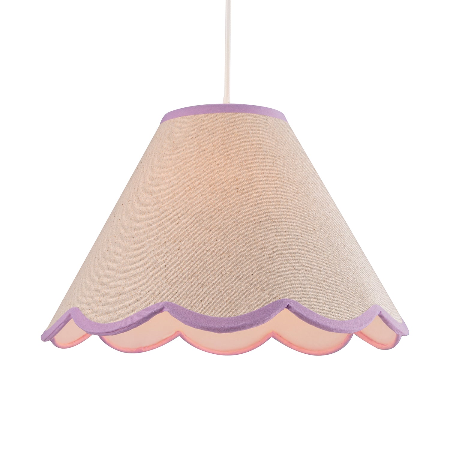 Scallop Edge Natural Textured Linen Coolie Lamp Shade with Lilac Trims Image 2
