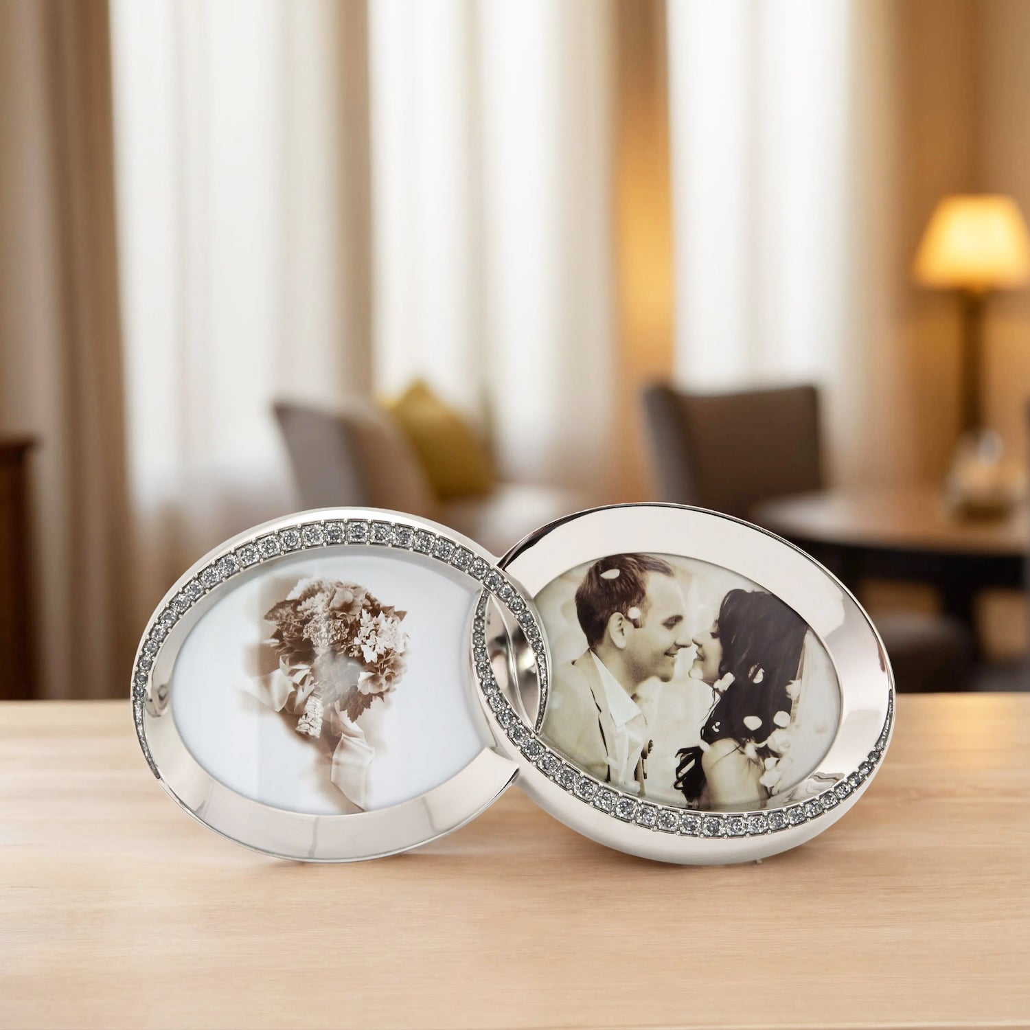 Double Heart Silver Picture Frame with Square Etched Diamante Crystals Image 5