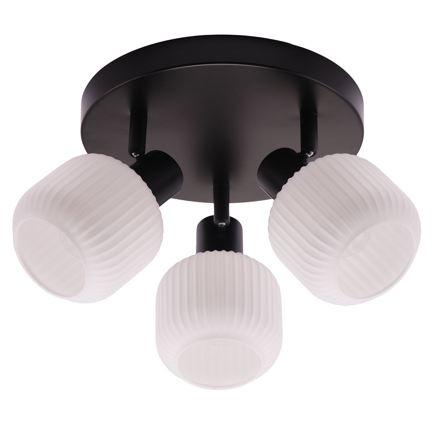 Modern Designer Matte Black Spot Ceiling Light with White Ribbed Glass Shades Image 1
