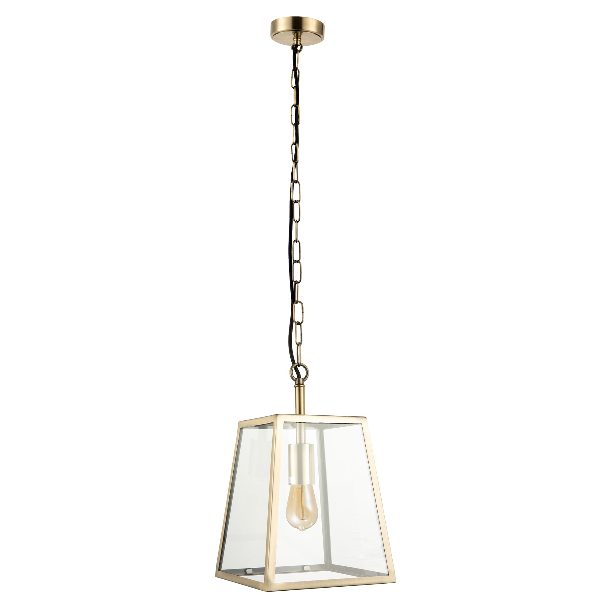 Classic Lantern Pendant Light in Antique Brass with Clear Glass Sides Image 1